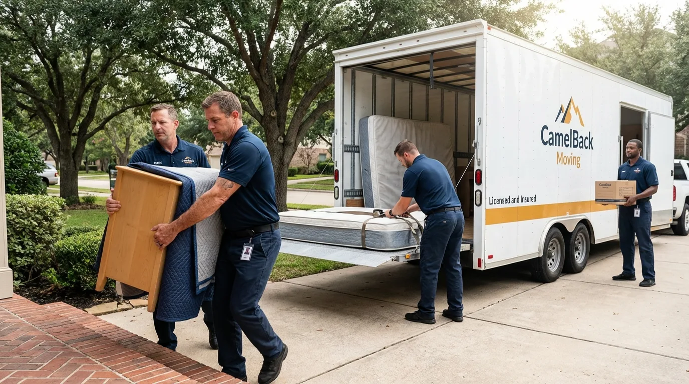 Crew loading residential truck for cross-state move from Fredonia, KS