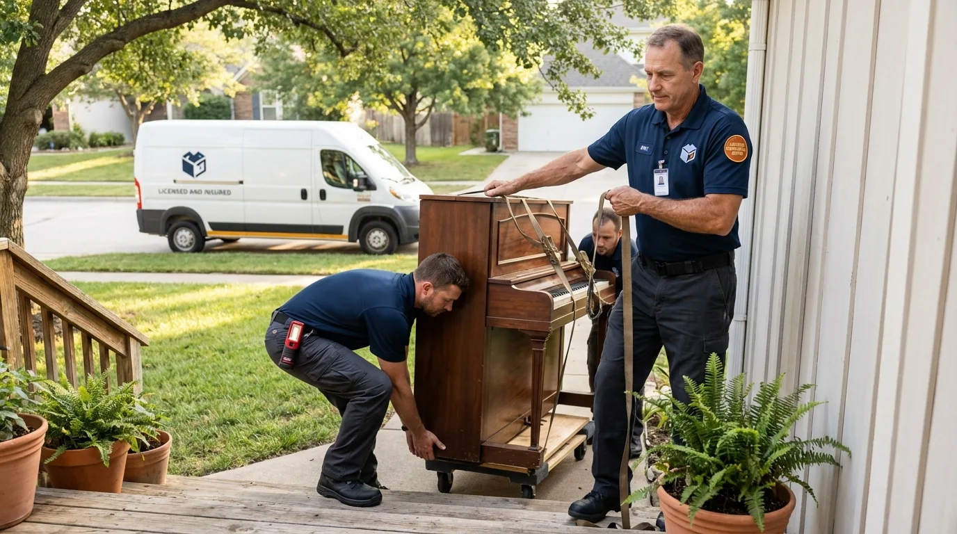 Licensed piano movers securing grand piano in Fredonia, KS