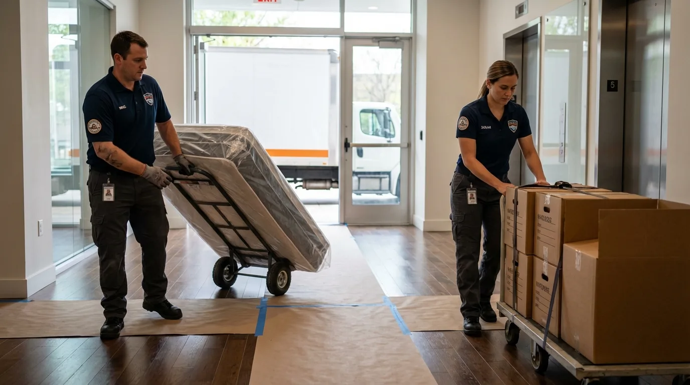 Professional apartment movers loading elevator in Fredonia, KS